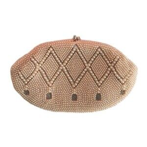 Vintage 1950's Ladies Charlet Ivory & Gray Top Snap Beaded Handbag Made In Japan